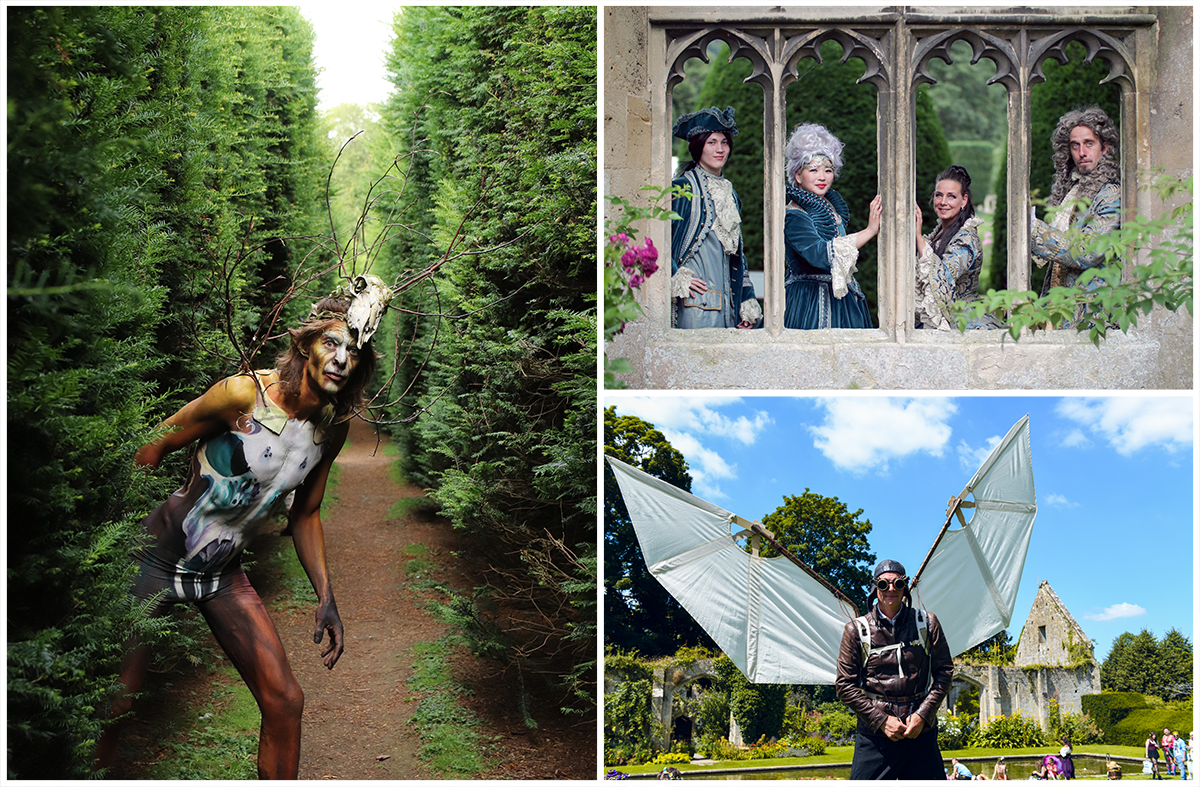 A bodypainted elk in a hedge maze, people in medieval clothing and a man in a steampunk inspired costume